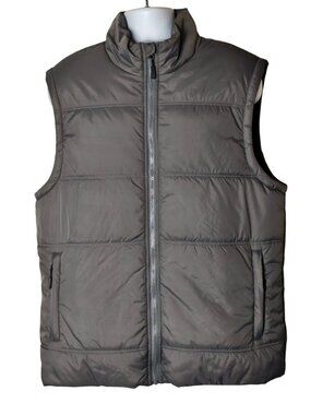 Mens XL Puffer Vest Gray High Collar Zip Pockets Lightweight Outerwear